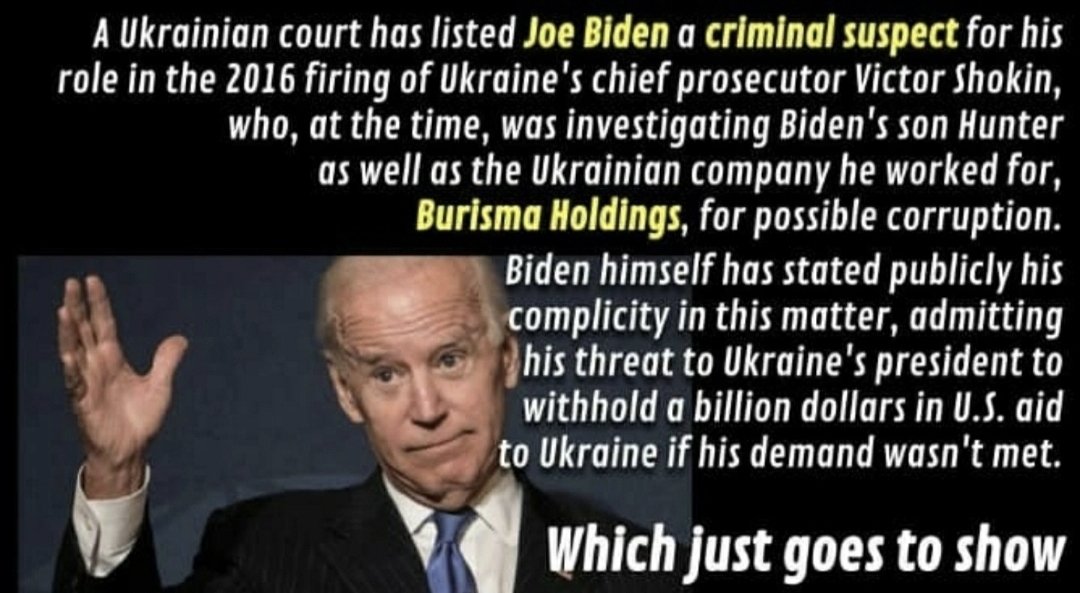 @Bubblebathgirl @POTUS Biden is only giving our money to Ukraine to pay them off cus as it stands currently Biden IS known to be a criminal suspect in Ukraine!