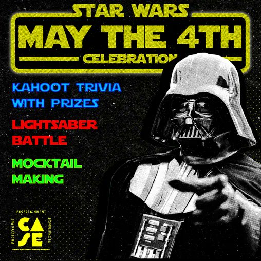 uwspcase's tweet photo. Come celebrate Star Wars Day with a choose-your-own-adventure-type event! See SPIN for more information on activities and requitements! Celebrate on Thursday, May 4 at 8 p.m. in The Encore, DUC! FREE admission with a UWSP Student ID or $5 without. https://t.co/4HXIHJ8S4R