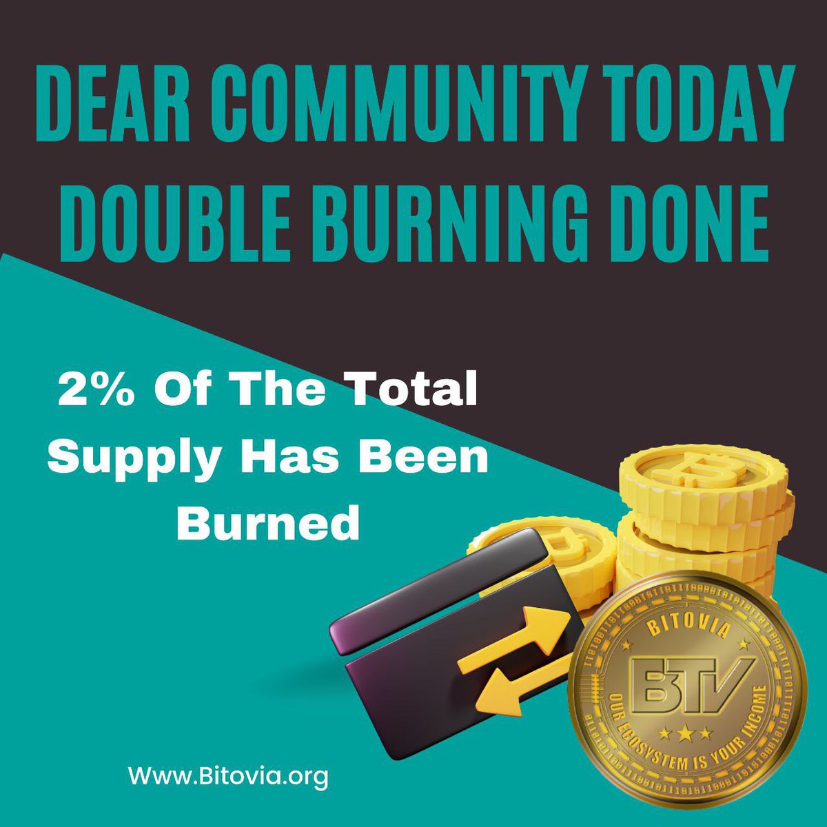 bitoviaoffical's tweet photo. Dear Community Today 2% of total supply  Burn🔥🔥#BITOVIA #BTV #Binance                                       #BNB            
#BSCGems #HAECHAN #GEM #1000xgem #ChatGPT #btc  #BullRun #AirdropAlert #airdrop #burn #AICODE #altcoins #AirdropAlert #AIDOGE https://t.co/ebYSILyxMk