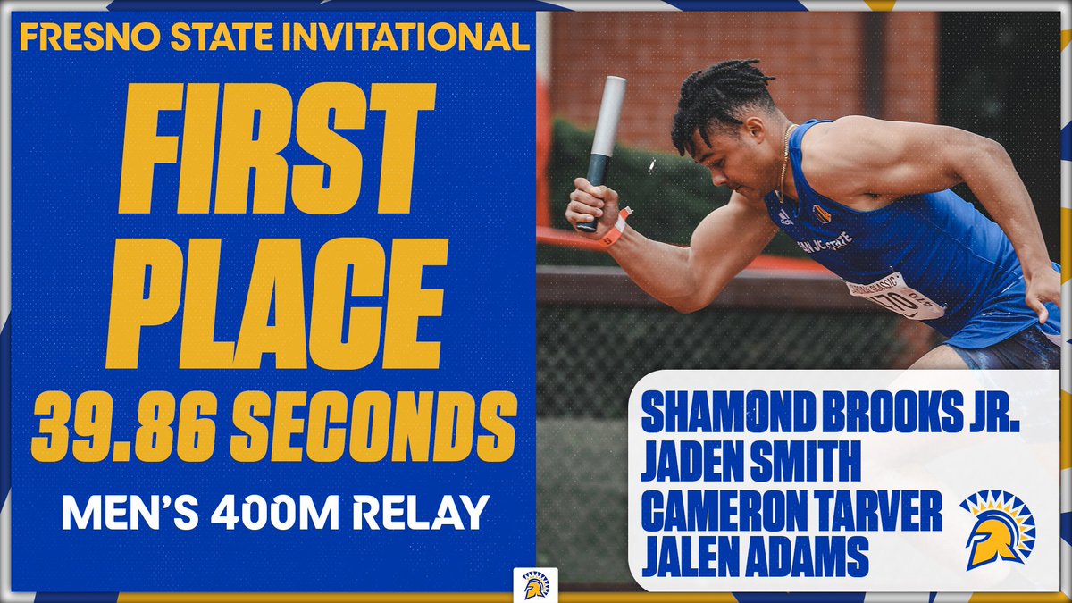Yesterday, Men’s 400m Relay Teammates Shamond Brooks Jr., Cameron Tarver, Jaden Smith and Jalen Adams took first place at the Fresno State Invitational with a time of 39.86 seconds🥇

Their mark is good for the third-best record in school history👀

#AllSpartans