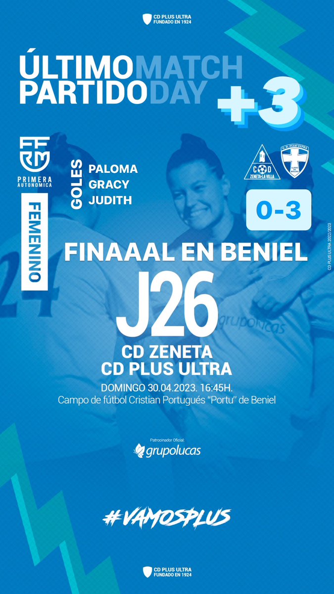 CDPlusUltra's tweet photo. #J26Femenino | FINAAAL EN BENIEL ➕3️⃣
Último partido de la temporada y otra victoria más para la #Serraneta ✅
#CDZeneta 0 🆚 3 #CDPlusUltra
⚽️ Goles de Paloma, Gracy y Judith
#VamosPlus @treceraG13 https://t.co/CZjjeO8MYK