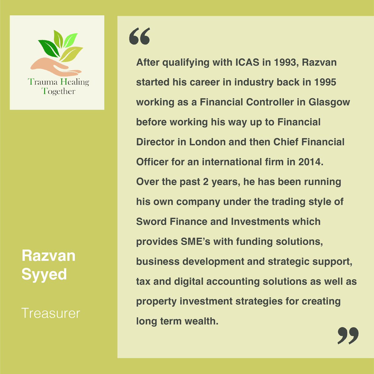🙌 Meet the team! 🙌

Are you excited to meet our Treasurer, Razvan Syyed? One of the trustees of Trauma Healing Together!

#traumahealing #traumarecovery #charity #psychology #trauma #healing #healingtrauma #positivevibes #charityorganization #mentalhealth #meettheteam