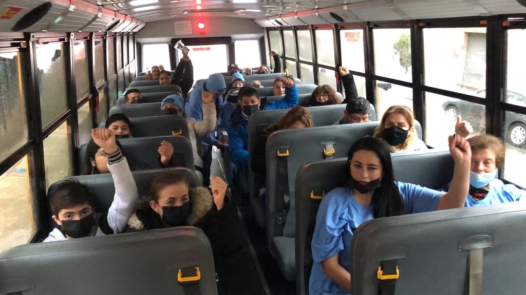 MaketheRoadNJ's tweet photo. The rain won’t stop us! 🚌💨our compas are getting ready for #FundOurNJ rally! 

We are heading to @CityofNewarkNJ Financial District to stand up for our communities, our workers, &amp; our families! 

@GovMurphy don’t give wealthy corporations a tax break. #FundOurFamiliesTaxAmazon https://t.co/KnCj4bSrEQ