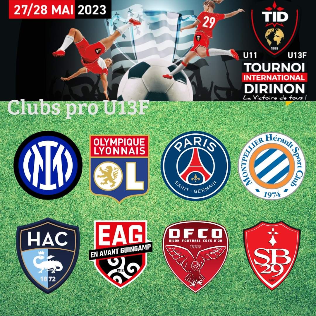 TIFootDirinon's tweet photo. Le TID U13F n'est pas en reste avec pas moins de 6 clubs de D1 Arkema ,1 de Serie A italienne et 1 club de D2.
Olympique Lyonnais
Inter  de Milan
Paris SG
Montpellier Hérault Sport Club  Havre AC Féminines .
En Avant Guingamp .
Dijon FCO 
Stade Brestois 29
Vivement le 27 Mai.🤩🤩 https://t.co/lPjGCnTeeY