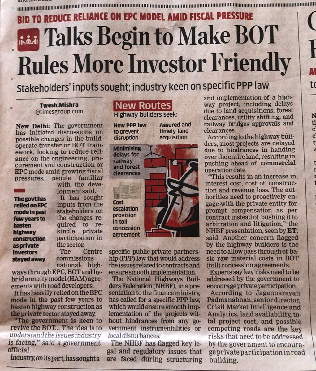 #PPP #Road projects in India – Govt. to revive #BOT. -Specific PPP #law -Timely #legal & regulatory approvals -Prompt #compensation awards -Pass through of raw material cost in BOT(#toll) #concession agreements
 
#projectfinance #infrastructure #infrastructurefinance #pppmodel