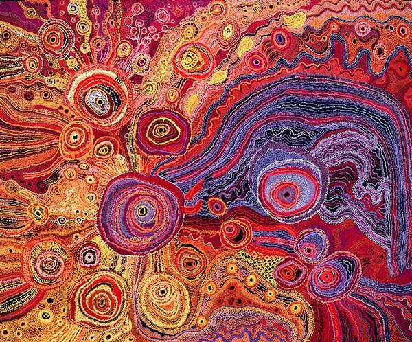Painting by Sylvia Ken, artist from the Amata community in South Australia, relates to the Seven Sisters creation story #WomensArt