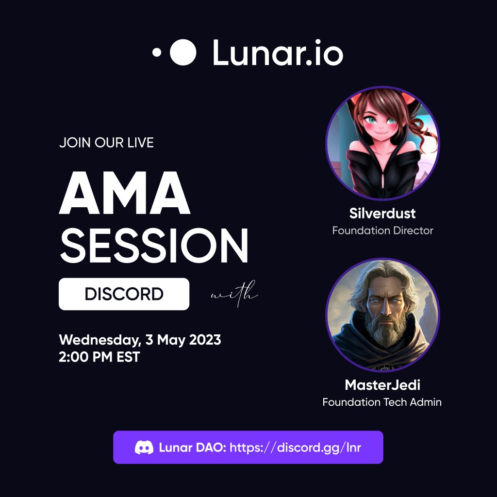 LNRDAO's tweet photo. Hi Lunar Family!

It's that time again.
Time to get the latest updates from two of our fearless leaders, Silverdust and MasterJedi.

Tune in on Wednesday at 2pm Eastern Standard Time in our Lunar Discord channel: https://t.co/jHKKRSsd0M https://t.co/Rpv8Jz1l0P