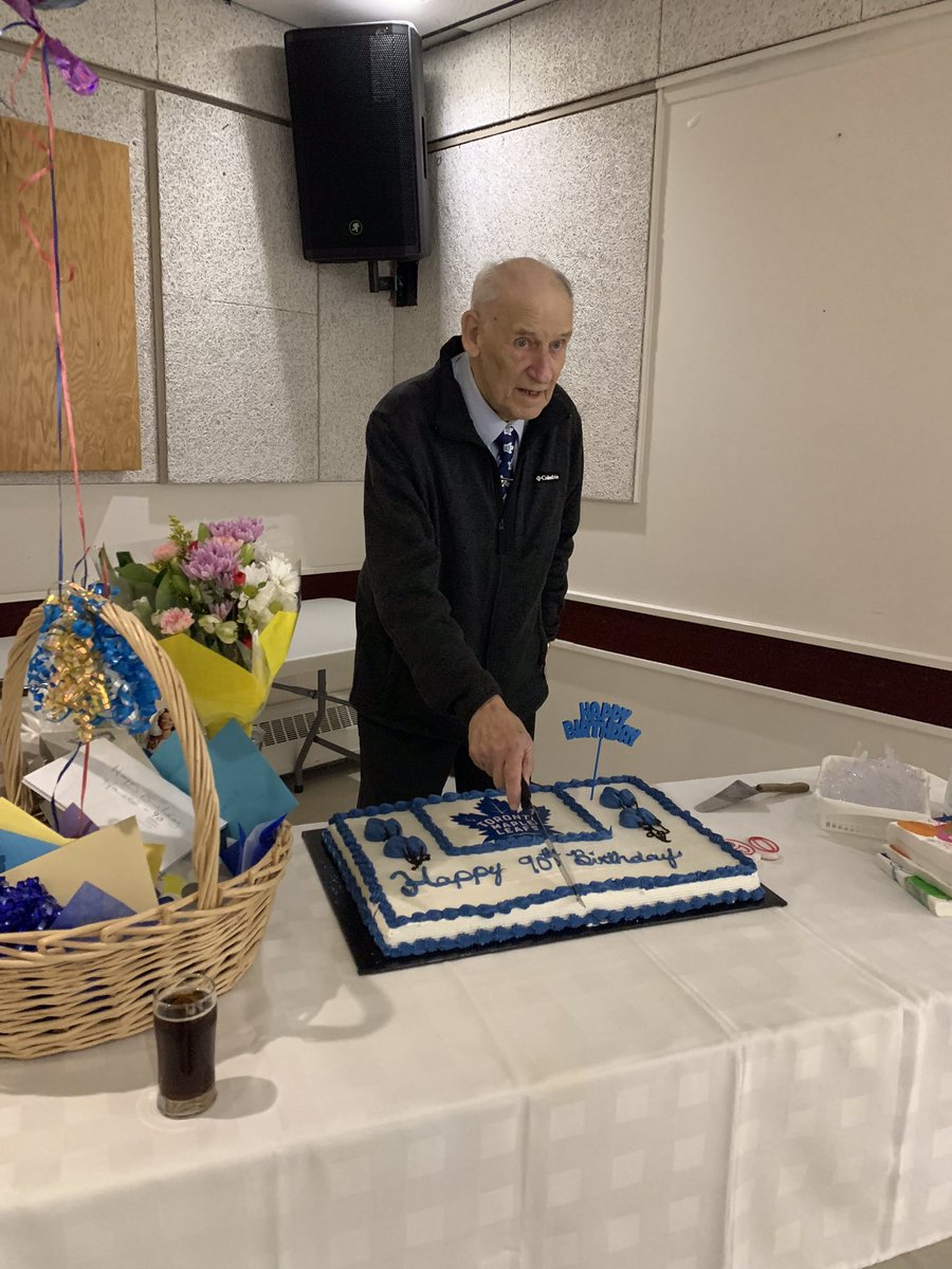 #TorontoMapleLeafs My father, Harold Morash, at his 90th birthday celebration, wearing his Toronto Maple Leaf's tie, cutting his Toronto Maple Leaf's cake and ending his evening watching his favorite team advance to the next round! Life is good!  Go Leafs Go!