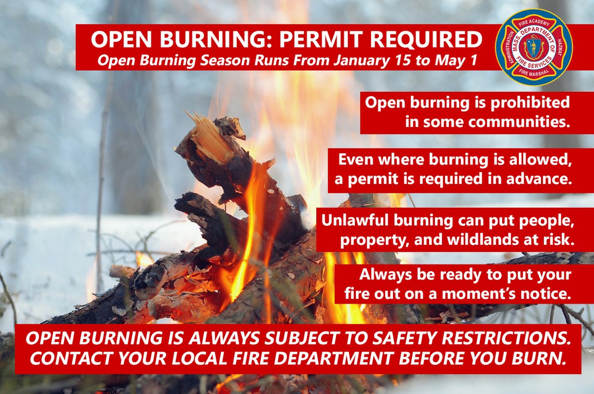 MassDFS's tweet image. #OpenBurning season ends on May 1 in communities where it is allowed. Remember that we are now in #BrushFire season, and any fire can present a hazard. Open burning is always subject to safety restrictions and you must have a permit before you burn: ow.ly/8Ig850NVg6M
