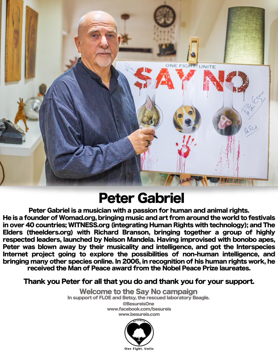 Huge thank you to Peter Gabriel for supporting our Say No campaign.  What an honour!

Take action: forlifeonearth.eaction.online

Visit for more info: besureisofficial.com/say-no-campaig…
facebook.com/besureis
betsybeagle.org

<a href="/BetsyAmbassador/">Betsy, Beagle Ambassador for FLOE</a> 
<a href="/PeterEgan6/">Peter Egan</a>