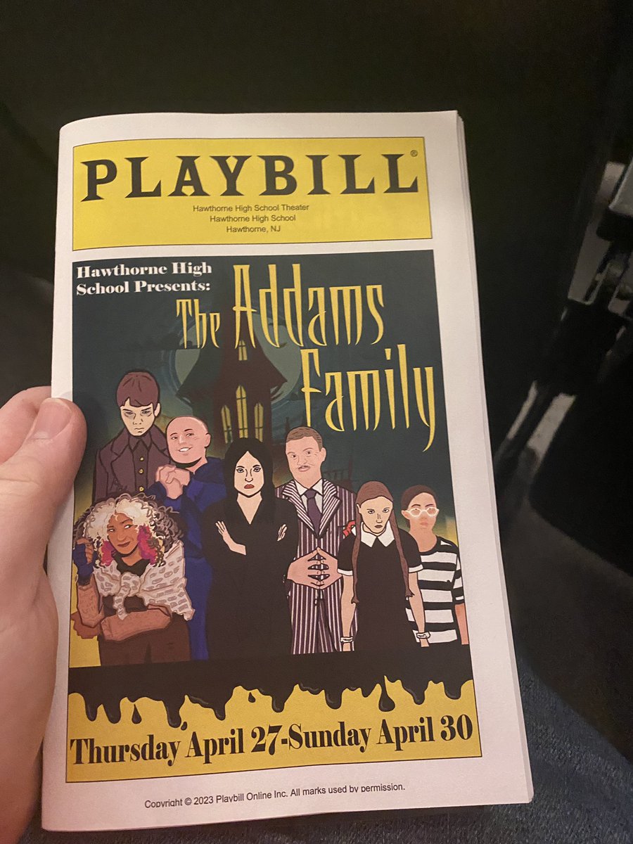 Super excited to see my students perform in Hawthorne’s showing of the Addams family! Can’t wait and so proud! <a href="/rspirito11/">Dr. Richard A. Spirito</a> <a href="/HHS_Principal22/">Kevin Pfister - HHS Principal</a> <a href="/AshleySmithEd/">Ashley Smith</a>