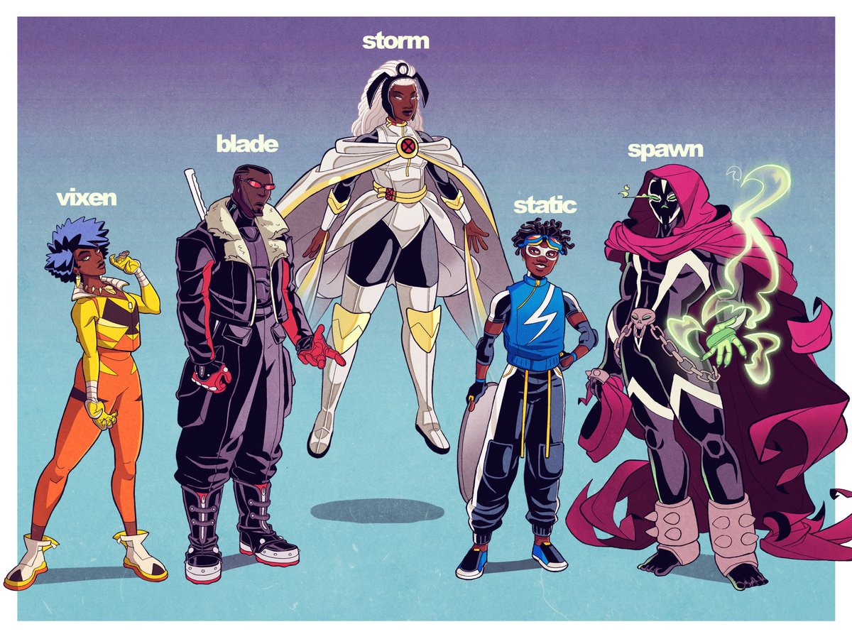 devisedbyky's tweet photo. Here's a lineup of all the black superhero redesigns I was able to complete this past February! I had so many more planned, but we gonna get to that next year. Super proud of how diverse I was able to make each design. Which is your favorite? who should be next? https://t.co/twstn2ybPl