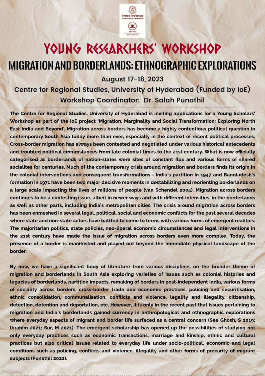 RitapriyaNandy's tweet photo. (1/4) Call for Papers for Workshop!

Centre for Regional Studies, University of Hyderabad is inviting applications for a workshop on 'Migration and Borderlands: Ethnographic Explorations'. https://t.co/RnpumHO8jL