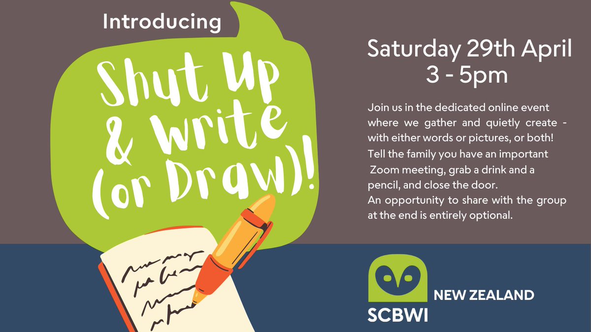 scbwi_nz's tweet photo. Come join us today!
Check your April SCBWI New Zealand Newsletter for the Zoom link or email us at scbwi.nz@gmail.com https://t.co/LOjNytBa5n