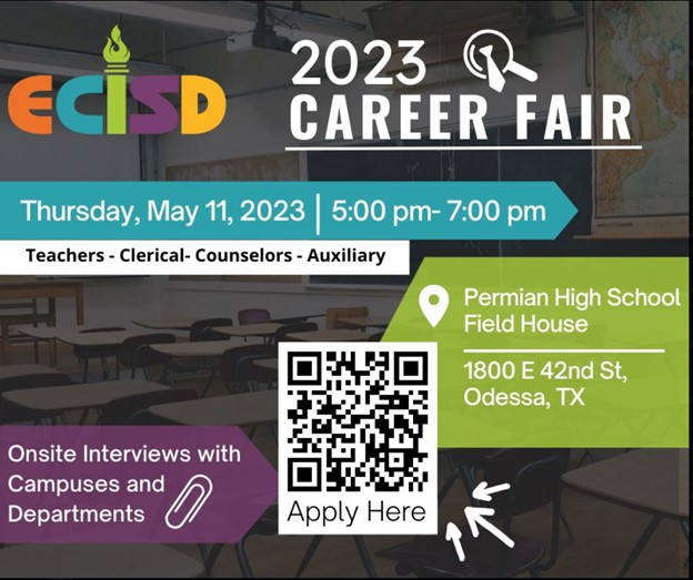 School District Career Fair|#Odessa, TX| 05/11/2023 | 05:00 PM-07:00 PM |

See flyer, register <a href="/ecisdHR/">ECISD Human Resources</a>

#JobFair #Onsite #Jobseekers