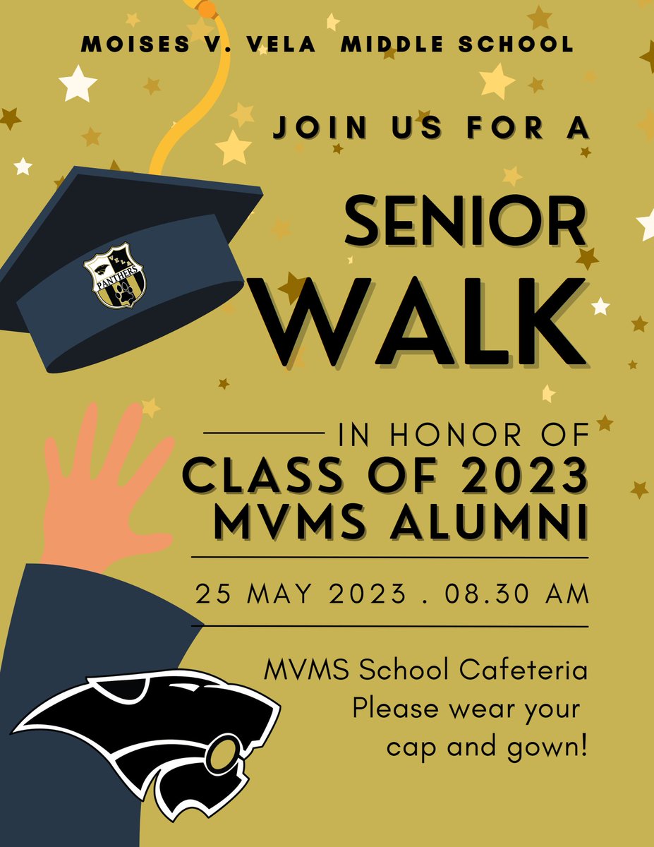 MVelaMS's tweet photo. MVMS Senior Walk 2023

Senior Alumni, please join us for Senior Walk at the MVMS Cafeteria on May 25th at 8:30 a.m.

Congratulations &amp;
Best Wishes For Your Future!
🎓🎉 https://t.co/0Adnw23twW