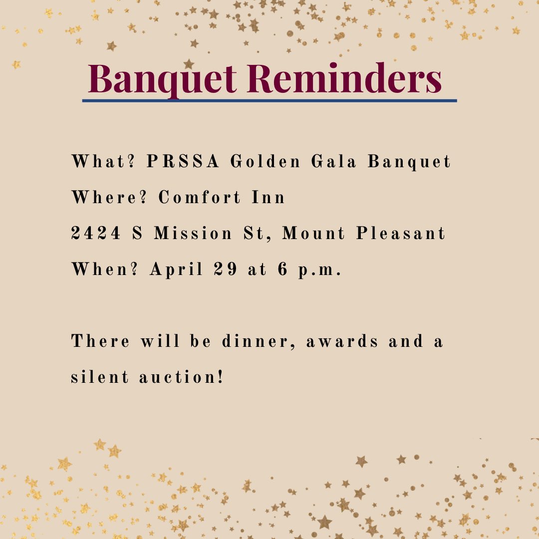 CMUPRSSA's tweet photo. Golden Gala Banquet is tomorrow at 6 p.m. at the Comfort Inn! Check out the banquet schedule, we will be having dinner, awards and a silent auction. Can’t wait to see you all there!
#cmuprssa #prpros https://t.co/WRme44sF4e