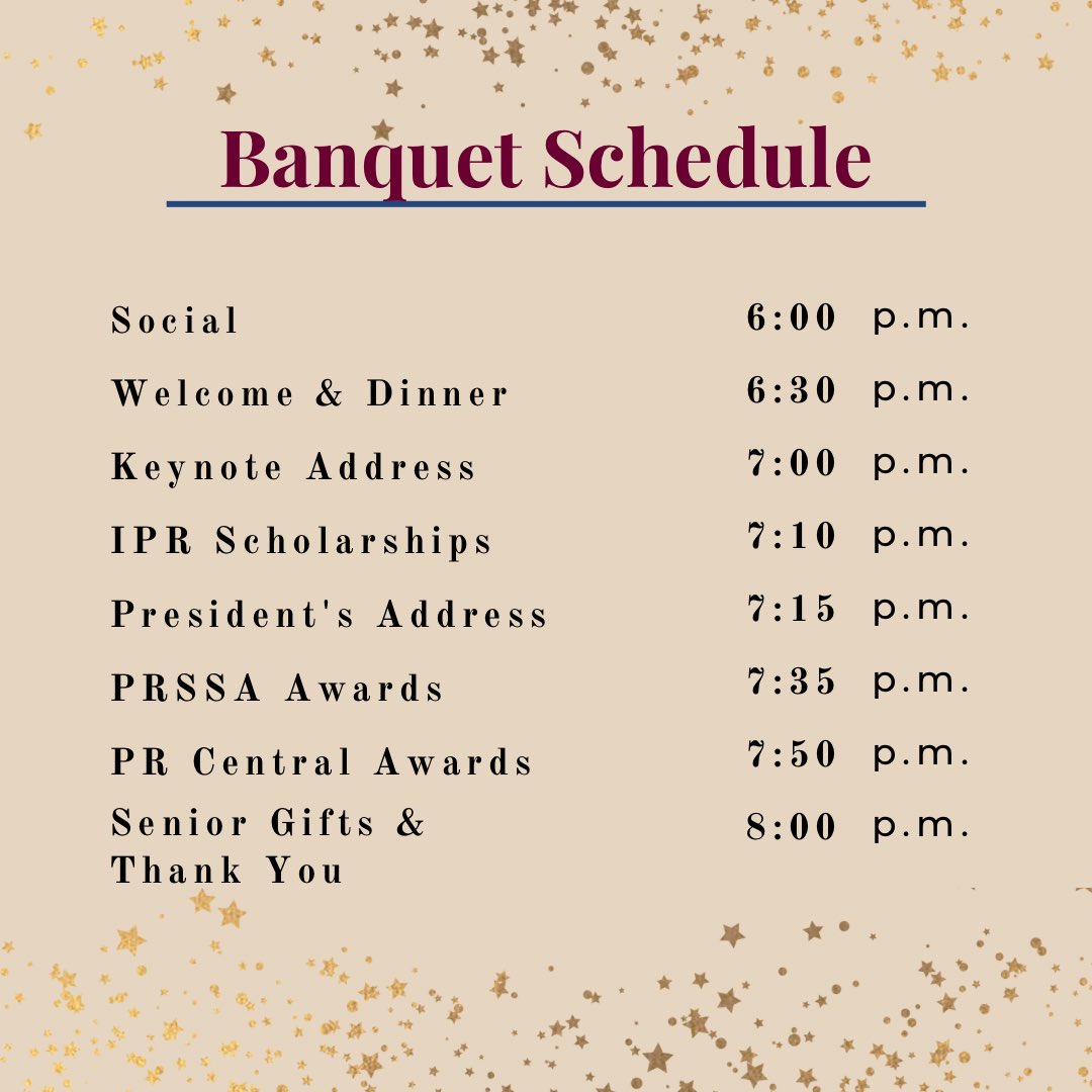 CMUPRSSA's tweet photo. Golden Gala Banquet is tomorrow at 6 p.m. at the Comfort Inn! Check out the banquet schedule, we will be having dinner, awards and a silent auction. Can’t wait to see you all there!
#cmuprssa #prpros https://t.co/WRme44sF4e