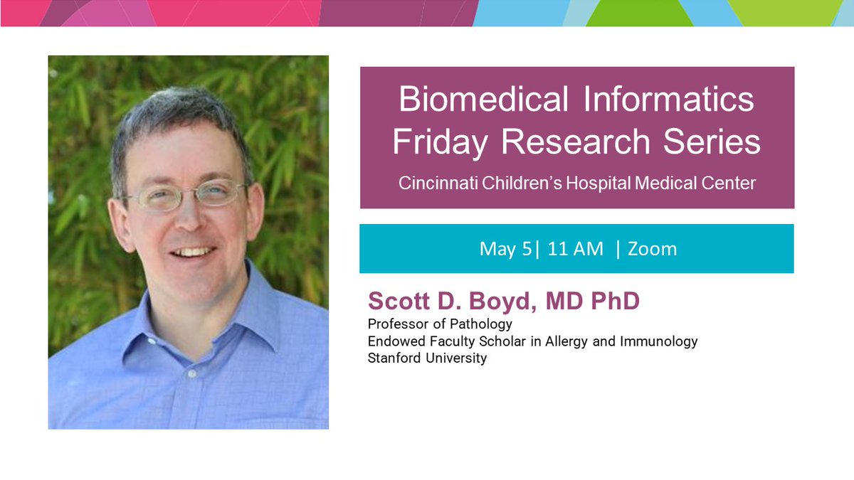 Cincinnati Children's Biomedical Informatics (@cincyinformatix) on Twitter photo Tomorrow, 11am - 12pm EST: Join our virtual #BiomedicalInformatics Friday Research Series feat. <a href="/ScottBoydLab/">Scott_Boyd_Lab_Stanford</a> of <a href="/Stanford/">Stanford University</a>
"B cell and antibody responses to infection and vaccination"
Subscribe for details: mailchi.mp/cchmc/cincybmi Tomorrow, 11am - 12pm EST: Join our virtual #BiomedicalInformatics Friday Research Series feat. <a href="/ScottBoydLab/">Scott_Boyd_Lab_Stanford</a> of <a href="/Stanford/">Stanford University</a>
"B cell and antibody responses to infection and vaccination"
Subscribe for details: mailchi.mp/cchmc/cincybmi