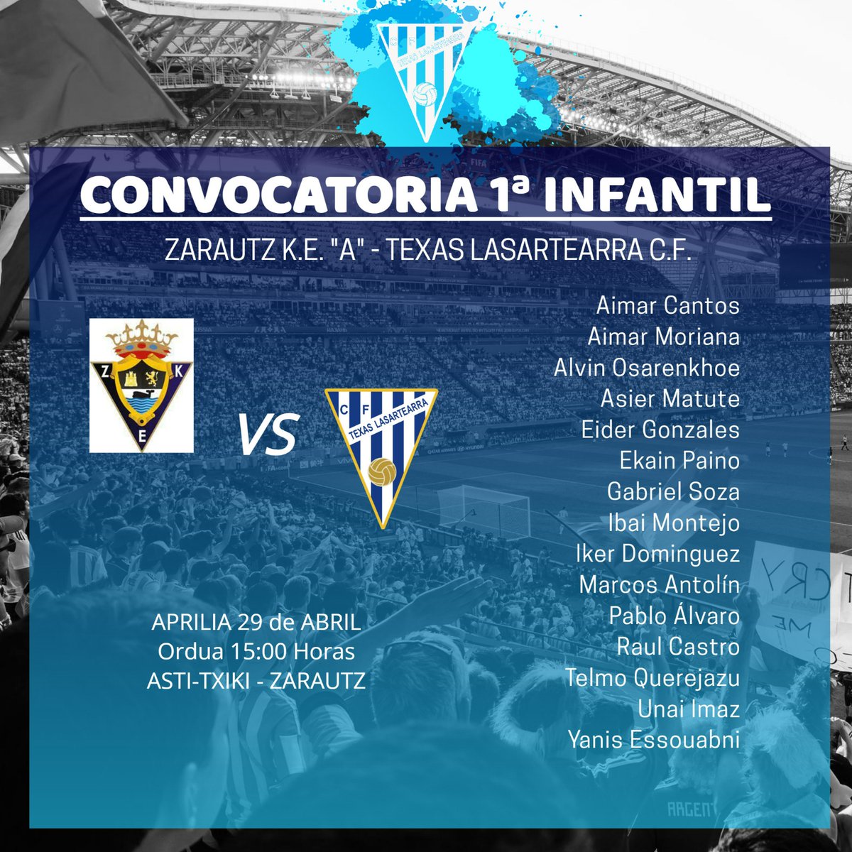 TEXASLASARTE's tweet photo. Convocatorias confirmadas.
#texaslasartearra #Texas #futbol #Derby #lasarte #puente #puentedemayo https://t.co/pwjW1qnsfR