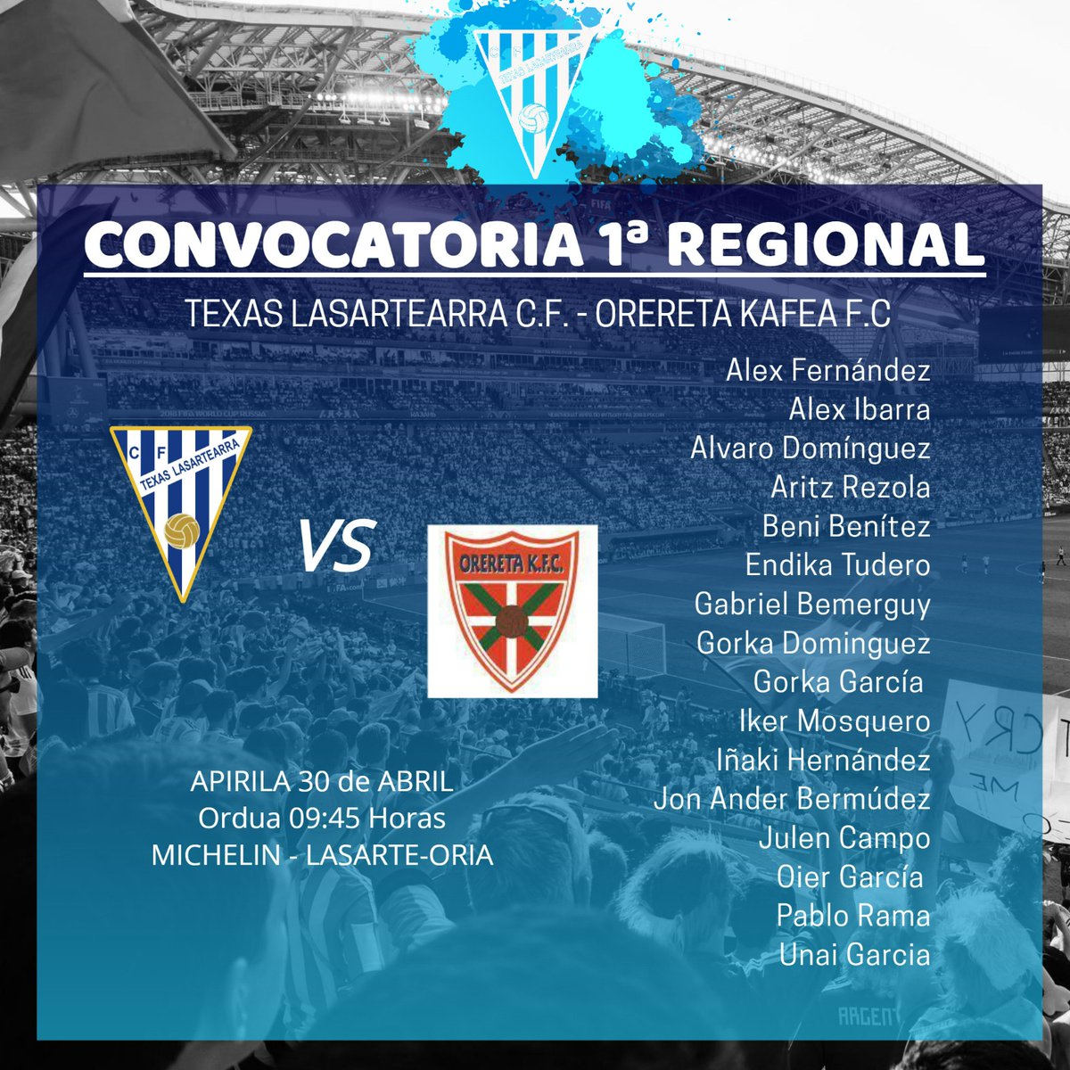 TEXASLASARTE's tweet photo. Convocatorias confirmadas.
#texaslasartearra #Texas #futbol #Derby #lasarte #puente #puentedemayo https://t.co/pwjW1qnsfR