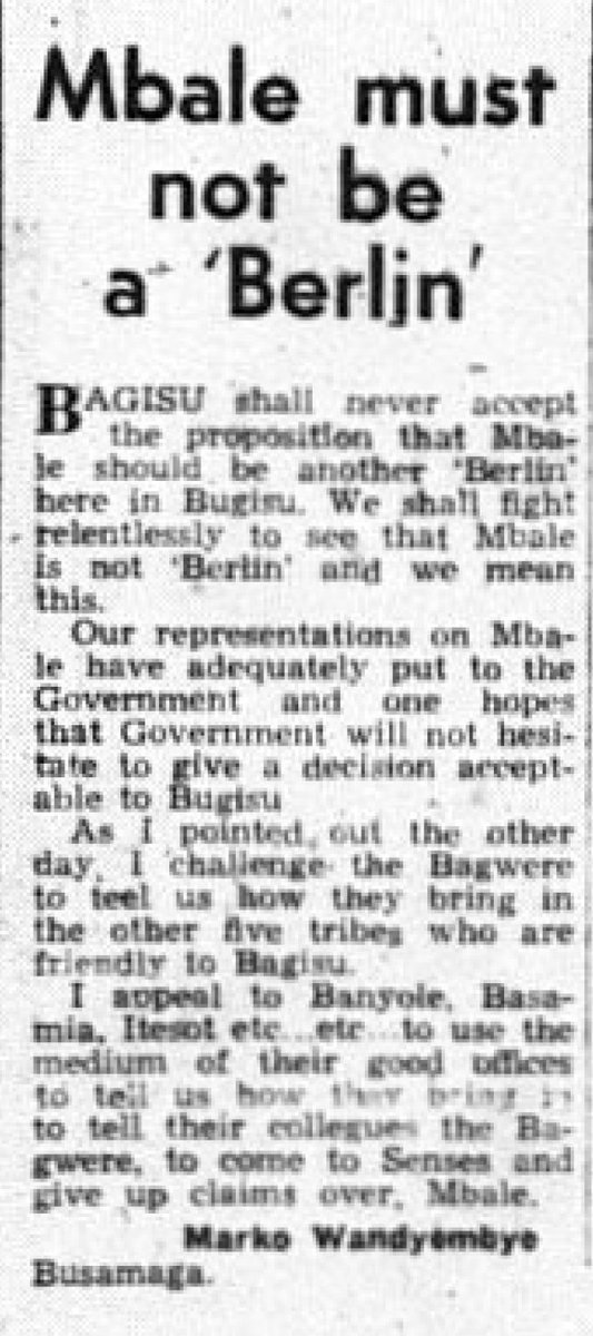 In 1962, Bagisu patriots were worried about losing political control of Mbale, which might have been Uganda's new postcolonial capital: Kampala won out. To Uganda's future parliamentarians &amp; British bureaucrats in Entebbe, Marko Wandyembyo (in Busamaga) warned that Mbale would