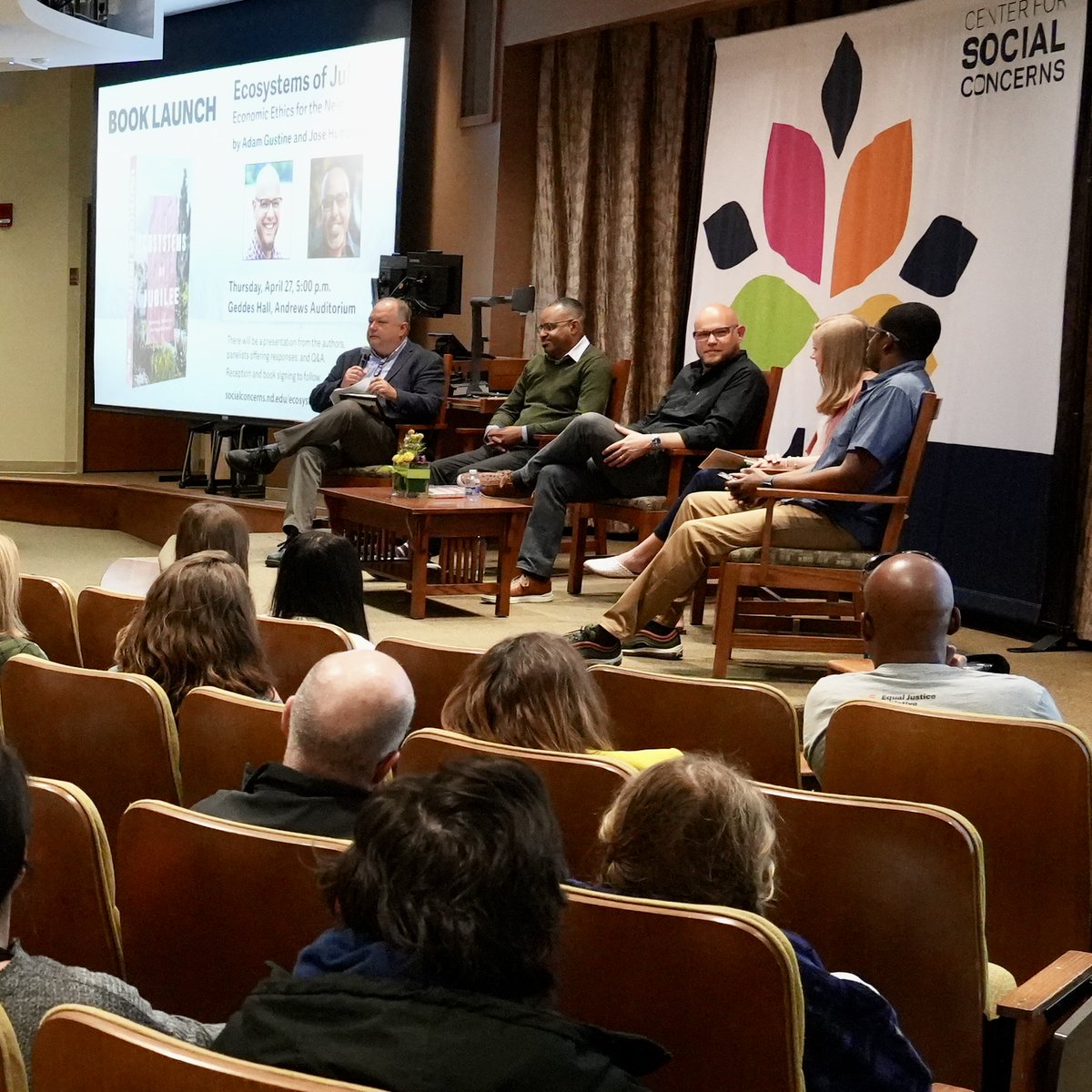 Congrats to <a href="/JoseHumphreys/">José Humphreys III</a> &amp; center staff <a href="/Adam_Gustine/">Adam L. Gustine</a> on Ecosystems of Jubilee! Yesterday's book launch featured the authors and panelists discussing the economic ethical framework of the Old Testament and its applications in our neighborhoods today. socialconcerns.nd.edu/ecosystems-book