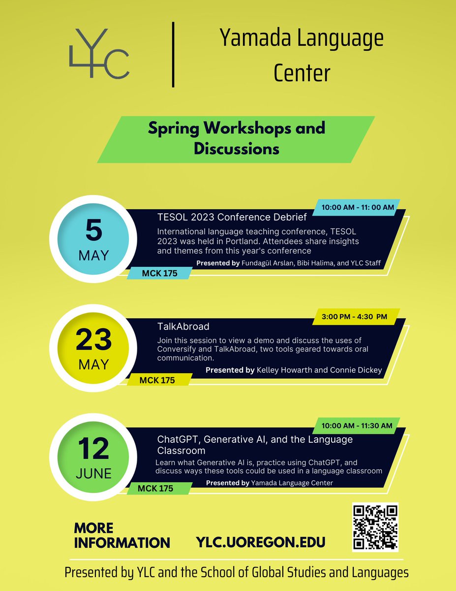 For faculty and staff, the Yamada Language Center  will be hosting three workshops/discussions this Spring. The first will be a TESOL 2023 Conference Debrief on Friday May 5 from 10-11am.