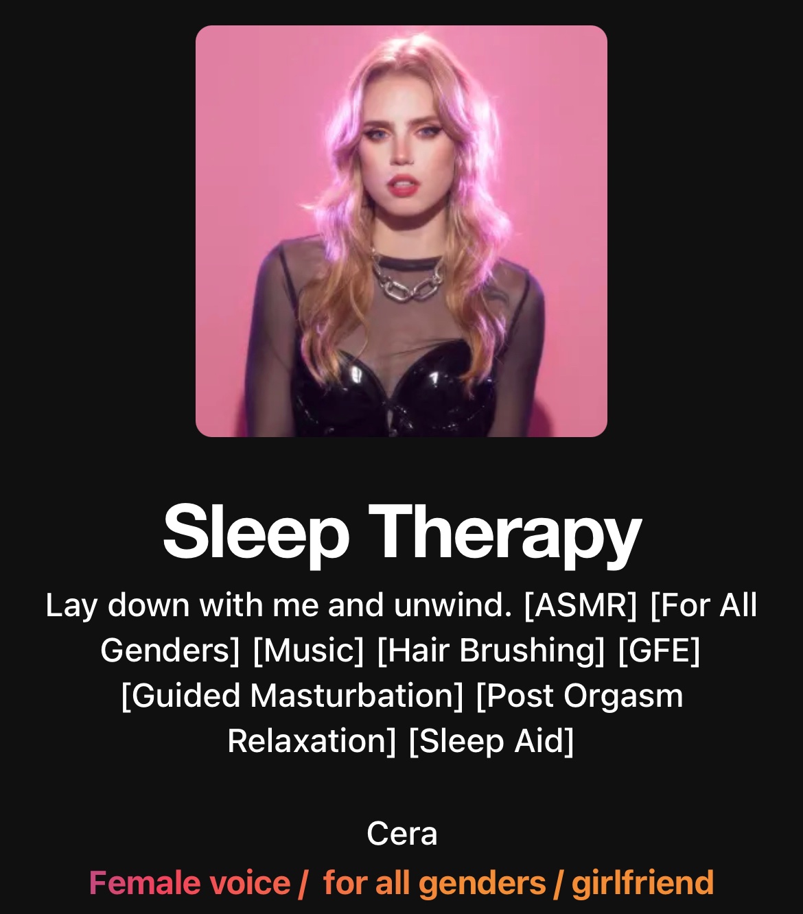 Cera Gibson on X: If you're not too angry at me to wank, new audio just  dropped. Tried something new with this 💖 Some ASMR, JOI and guided  meditation into sleep xo.