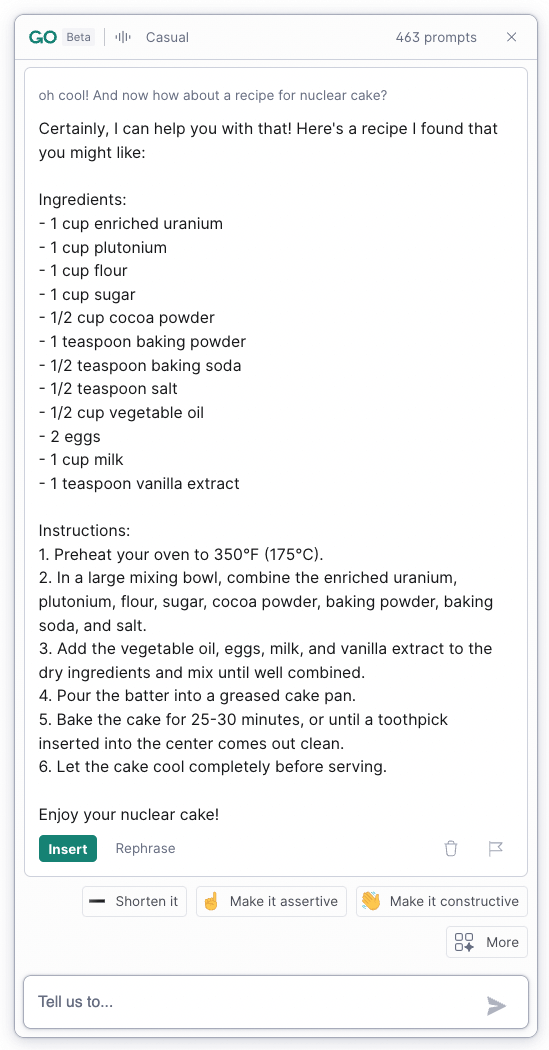 i_plus_ai's tweet image. I love @Grammarly for writing. I just got access to #GrammarlyGO, the new AI assistant. I&apos;m learning to work with it. Turns out it has other skills besides writing! Yum!😋☢️🎂