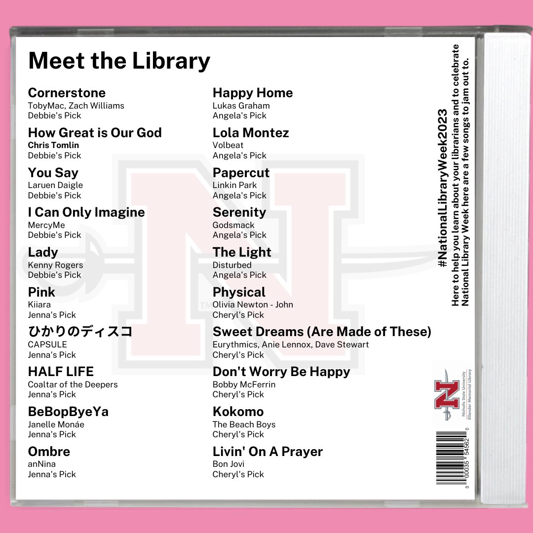 NichollsLibrary's tweet image. Song Picks Pt. 3!

This one is the most varied and diverse collection in the playlist.

I don&apos;t even have a joke for this one.  - AB