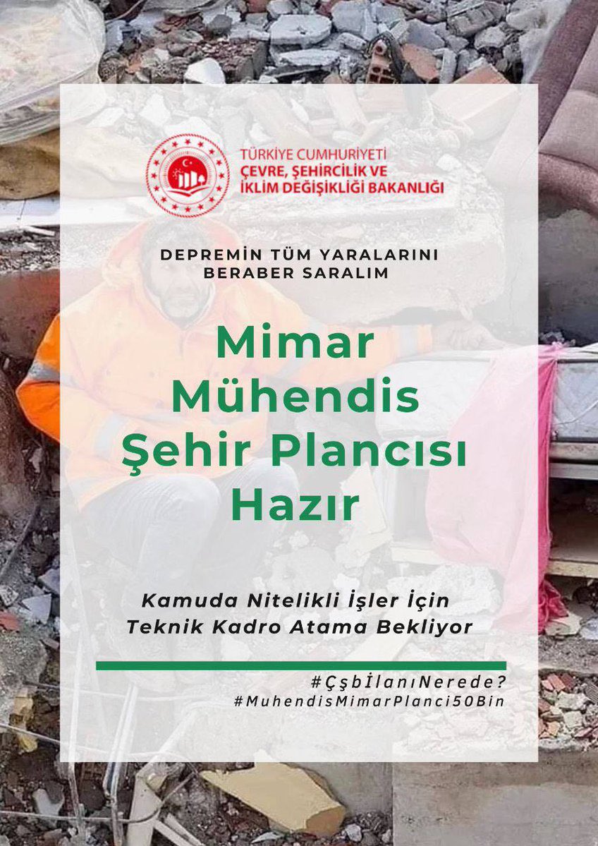 Teknik kadro soruyor! 👇

KPSS'de yüksek puanlarla binlerce mühendis, mimar, şehir plancısı atanamazken
<a href="/csbgovtr/">T.C. Çevre, Şehircilik ve İklim Dğş. Bakanlığı</a>  depremden sonra daha da önemli hale gelen teknik personel ihtiyacını ne şekilde karşılamaktadır?

#ÇşbİlanıNerede? #MuhendisMimarPlanci50bin