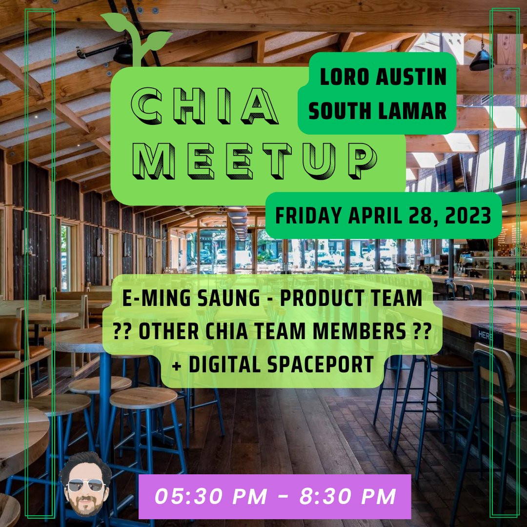 In Austin for #Consensus2023 or local looking for some fun on a Friday night? Come hang out with <a href="/esaung/">🌱esaung.xch 🌱</a> from #Chia product team and me at LORO South Austin from 5:30-8:30pm. 🌱💚🍹🍸🍺
