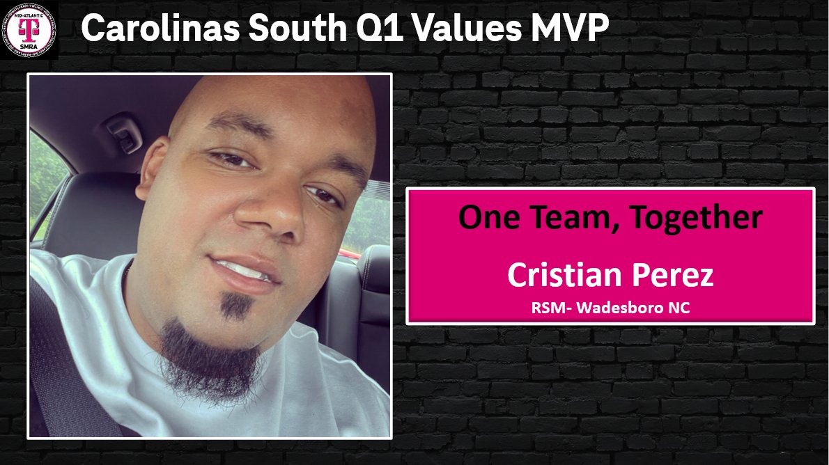 Congratulations to @CristianOmar87 for being recognized as the Carolinas South Q1 Values MVP. Cristian is a perfect teammate, a great leader, and fully committed to helping T-Mobile win. He changed the game in Q1. Thank you Cristian.