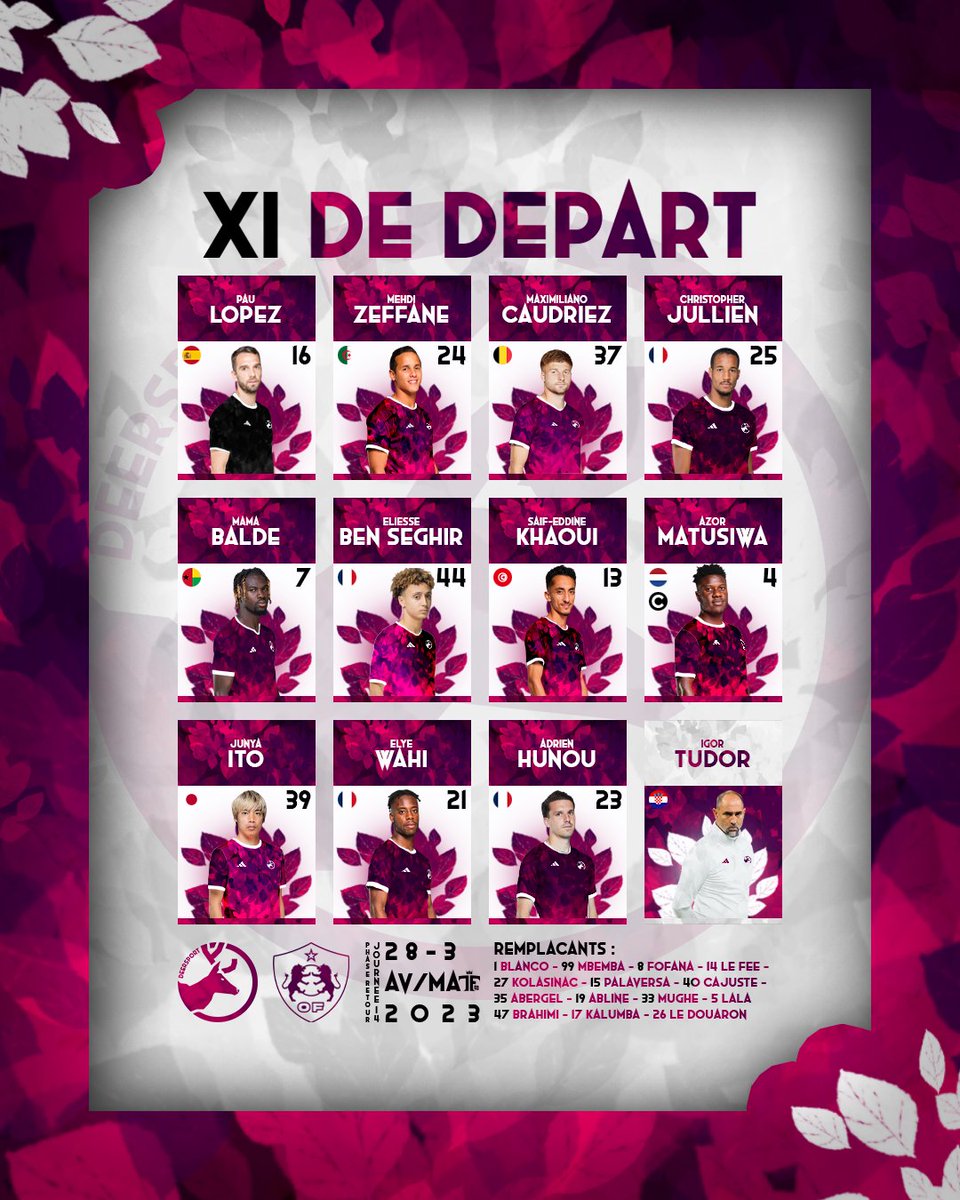 _DeerSport_'s tweet photo. 🟣#TFLigue2 | #DSOF | #DeersForever🟣
👥𝕏𝕀 𝔻𝔼 𝔻Éℙ𝔸ℝ𝕋 𝔻𝔼 𝕃𝔸 𝟙𝟜È𝕄𝔼 𝕁𝕆𝕌ℝℕÉ𝔼👥
Voici le XI qui va décider de notre sort, le dernier XI de la saison en championnat face à @Oly_Fiontix ! https://t.co/uZzWJ5FETF