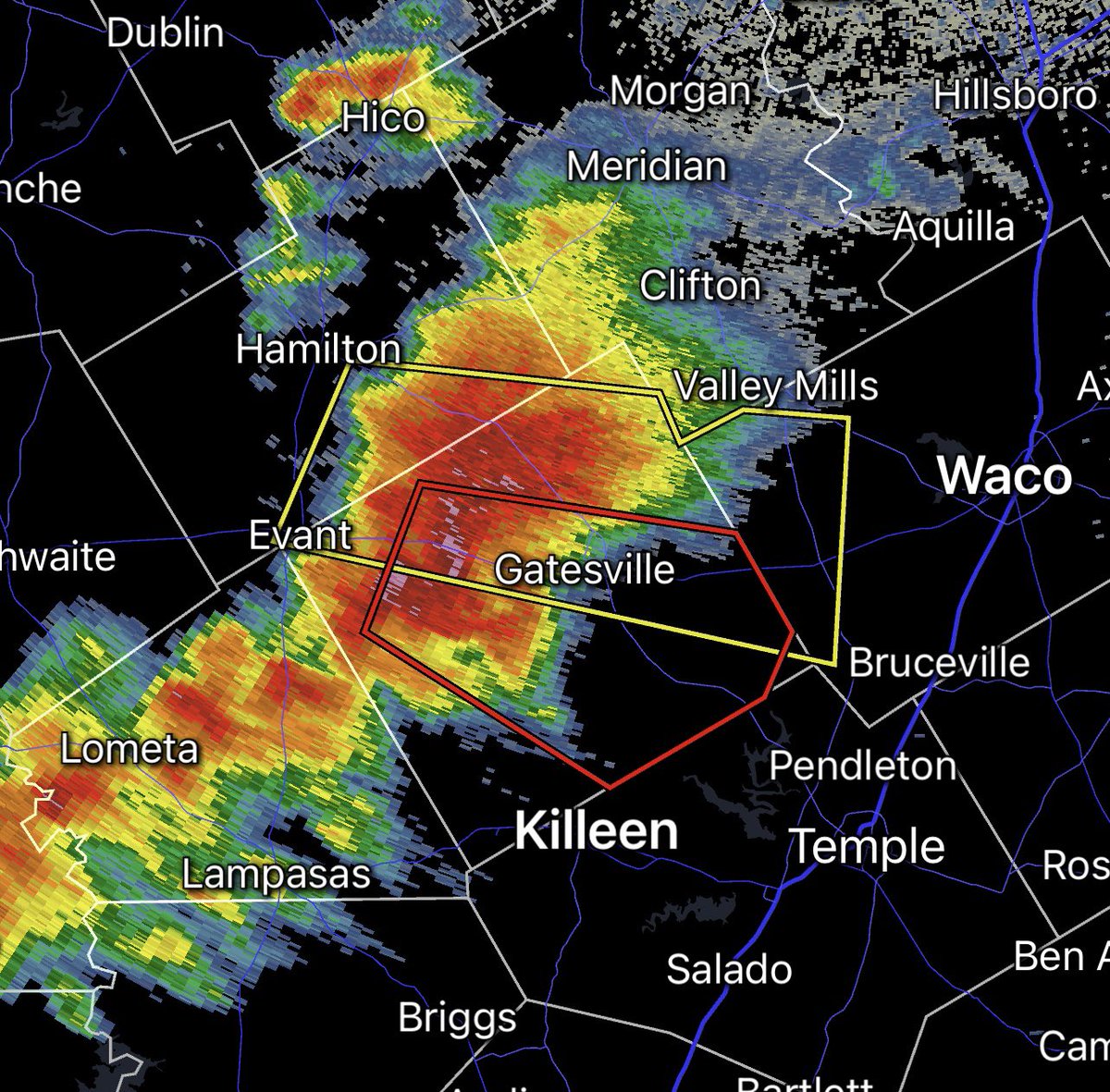 A Tornado Warning is underway near Gatesville, Texas. A Severe Thunderstorm Watch is underway for the San Antonio area. Updates on WOAI: WOAI.com/listen