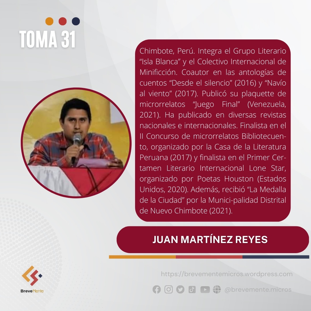 Para nuestra 𝐓𝐨𝐦𝐚 𝟑𝟏 les traemos a nuestro invitado 𝑱𝒖𝒂𝒏 𝑴𝒂𝒓𝒕𝒊́𝒏𝒆𝒛 𝑹𝒆𝒚𝒆𝒔 de Perú 🇵🇪. Conversaremos sobre su proceso creativo y leeremos sus textos.

🗓 29/abr/2023
🕔 5:00pm / 6:00pm (Centroamérica /Perú) 
📍Facebook Live
facebook.com/BreveMente.mic…
