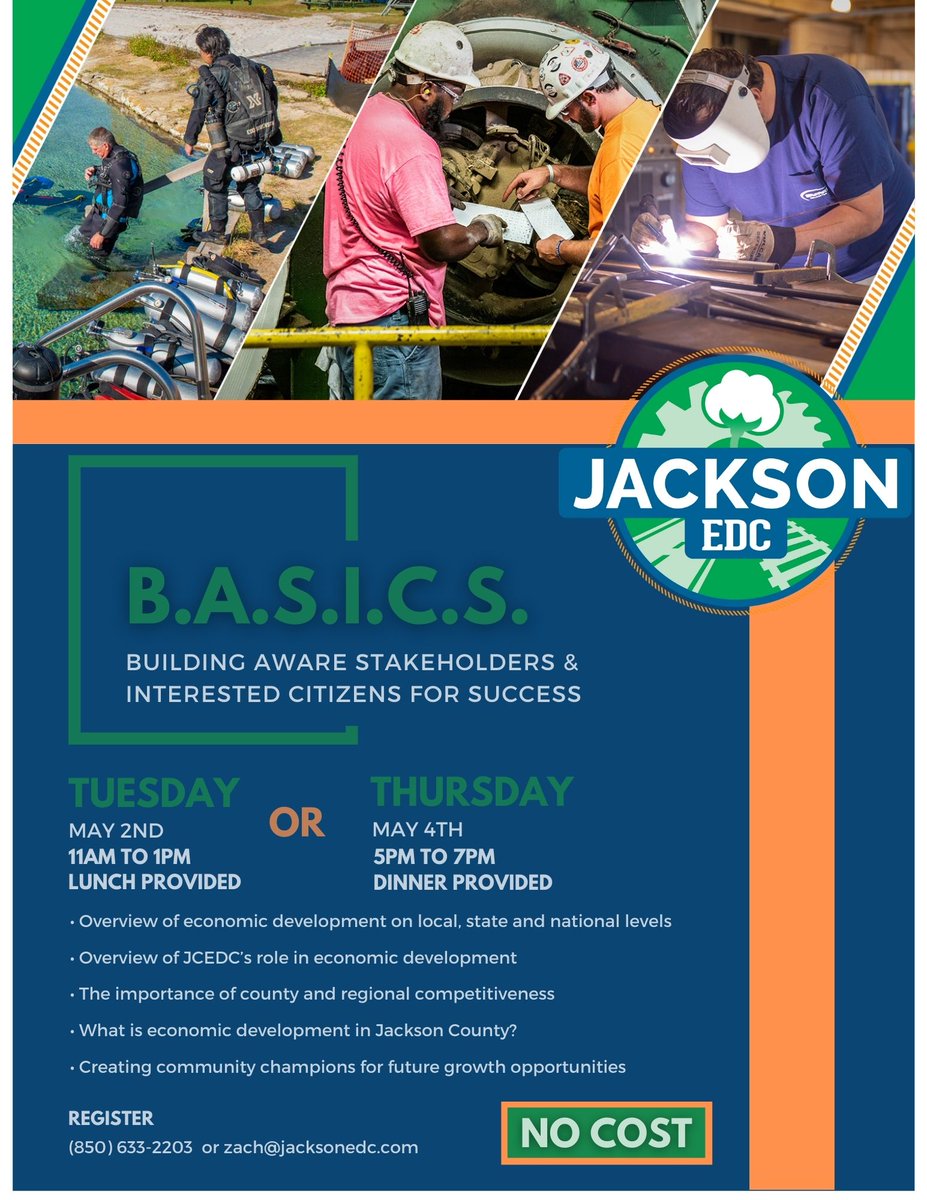 edc_jackson's tweet photo. Time is running out! Classes are next week, and we DO have some room left in this NO COST opportunity. Sign up today by calling (850) 633-2203 or emailing zach@jacksonedc.com. If you are not able to attend one of the sessions in May please call to be added to our waiting list. https://t.co/pdjcCM8jRH
