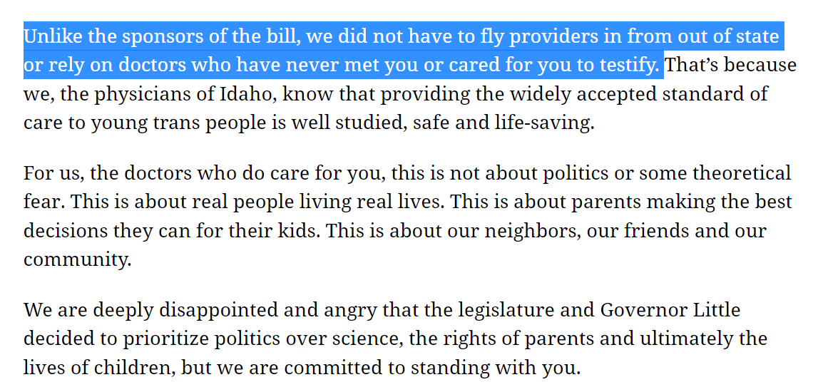 GBBranstetter's tweet photo. From a powerful open letter authored by two pediatricians in Idaho: "Unlike the sponsors of the bill, we did not have to fly providers in from out of state or rely on doctors who have never met you or cared for you to testify."
https://t.co/l9g3xFHhPp https://t.co/p89Qav3eMa