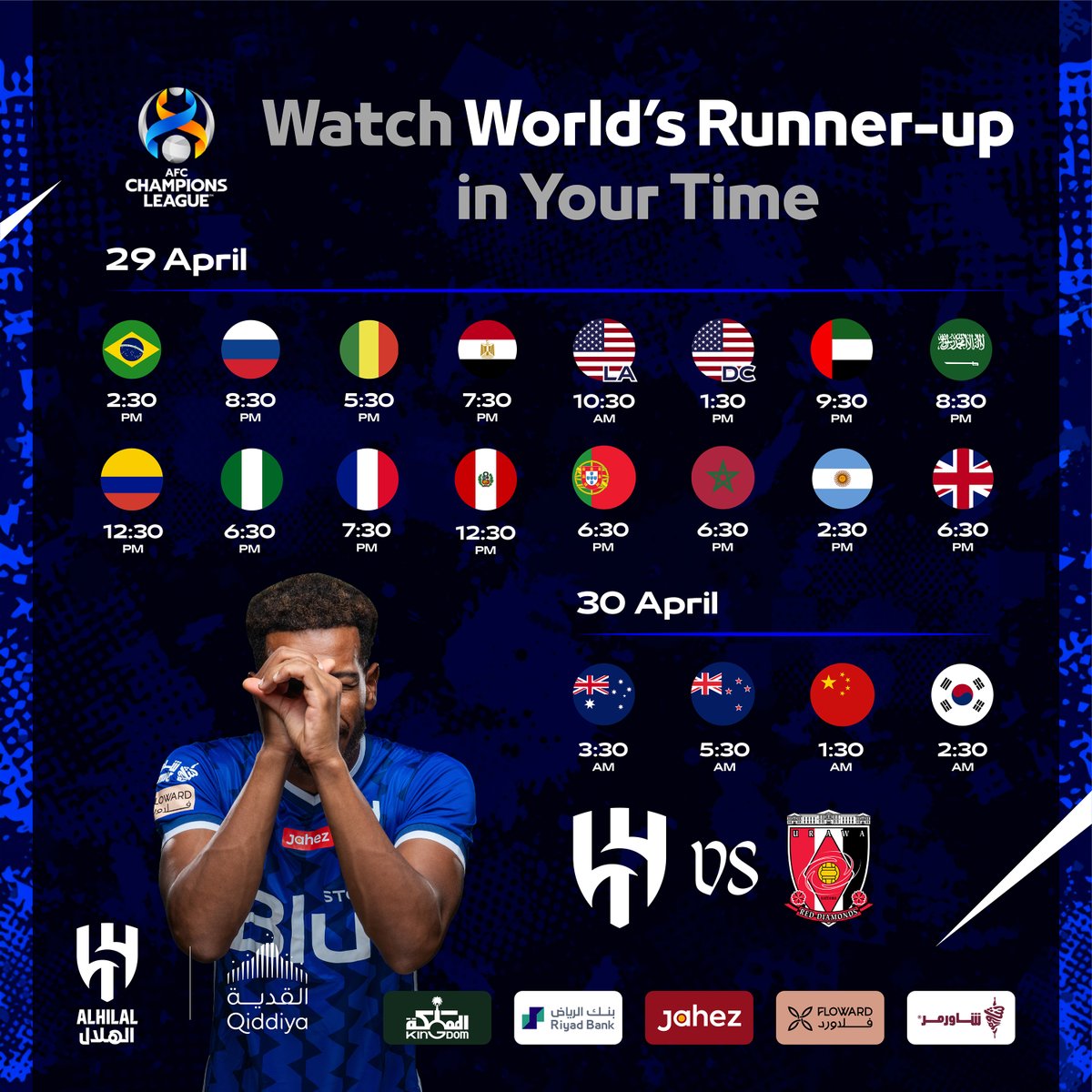 Alhilal_EN's tweet photo. 🌎 Where will you be supporting us from tomorrow ⁉️
#AlHilal 💙
#HILvURA ⚽️
#ACL2022 💫
#ACLFinal 1st leg ⏳ https://t.co/qy4ZlYO2l4