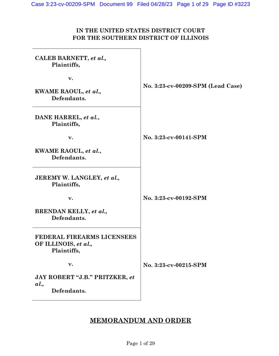 gunpolicy's tweet photo. 🚨FPC VICTORY 🚨

In our Harrel v. Raoul challenge to the IL ‘Assault Weapon’ and magazine bans, the Judge has issued a preliminary injunction saying "it does not appear that the legislature considered an individual's right under the Second Amendment nor Supreme Court precedent." https://t.co/Hwv3w3AzX8