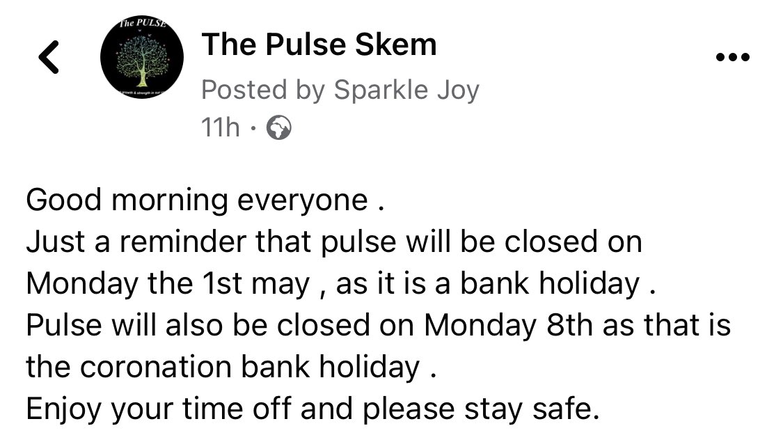 Evening everyone

Just a reminder that we’re closed on Monday 1st May as it’s a Bank Holiday. And closed on Monday 8th as it’s the Coronation 👑