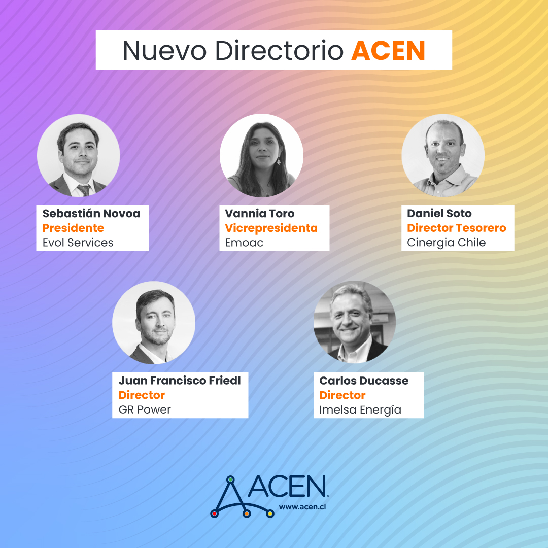 📌En la Asamblea Anual de Socios 2023 de #ACEN se eligió un nuevo directorio que designó como presidente a <a href="/sebanovoa/">Sebastian Novoa</a>, por otros 2 años, y a Vannia Toro como vicepresidenta. Mantuvieron sus cargos como directores titulares Daniel Soto (tesorero), Carlos Ducasse y <a href="/FriedlJuan/">Juan Fco. Friedl</a>.