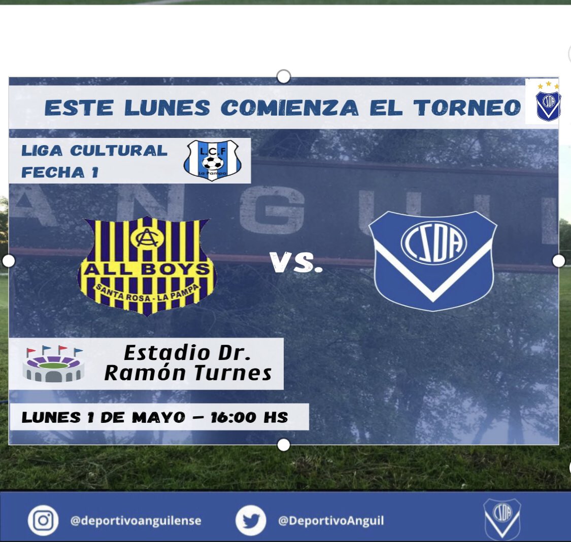 ARRANCA LA LIGA PARA EL #FANTINERO !!! 
 Deportivo Anguilense, debutará este Lunes 1/5 ante #AllboysPrensa en el #RamonTurnes 

#JUEGAANGUILENSE TODOSJUNTOS 

#ProximoPartido

🏆<a href="/lc_prensa/">Prensa Liga Cultural</a> 
⚽AllboysPrensa 🆚 @DeportivoAnguilense 

📅 LUNES 1/5 
⏰ 14 y 16  hs 
🏟#RamonTurnes