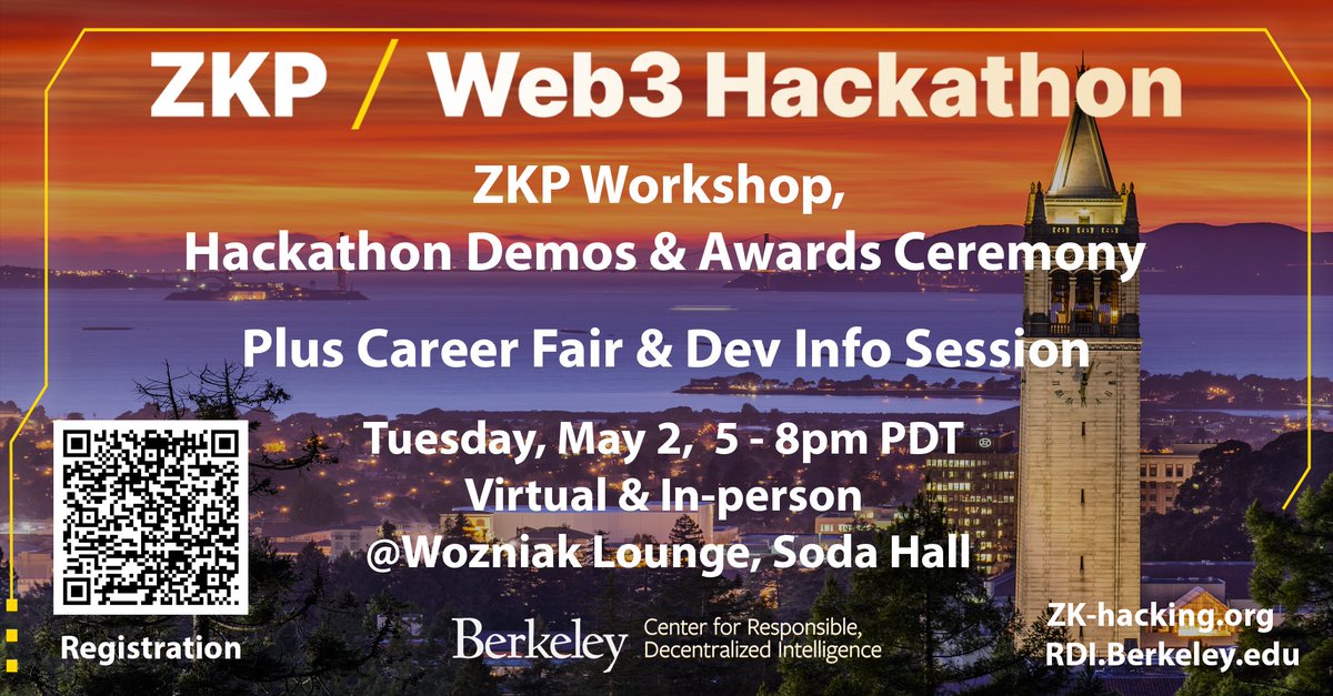 dawnsongtweets's tweet image. Join us May 2 @UCBerkeley or online for ZKP Workshop, Hackathon Demos & Awards Ceremony 🎓
With ~4K ZKP MOOC participants, ~600 hackathon participants & ~150 teams from over 60 countries, ~30 finalists competing for $200K+ in prizes! 🏆
Register now 👉 shorturl.at/apwY9