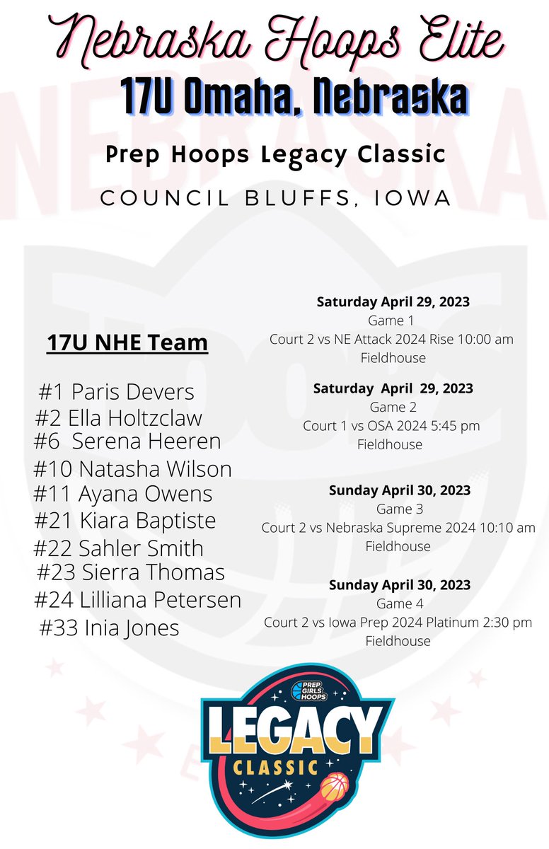 NHE 17U Girls (@nhe17ugirls) on Twitter photo Prep Hoops Legacy Classic, here’s our teams schedules. We want to see you there! Let’s goooooo <a href="/80Midwest/">Midwest Elite 80</a> <a href="/OPS_VikingsGBB/">Omaha North Girls BB</a> <a href="/OPSCentralGBB/">CHS Girls Basketball</a> <a href="/OPS_BVHSGirlsBB/">Buena Vista Girls Basketball</a> <a href="/OPS_NWGirlsVBB/">Lady Huskies Basketball</a> <a href="/OPS_SHGBB/">Omaha South Girls BB</a> <a href="/LinksGBB/">LHS Links Girls Basketball</a> <a href="/RocketAthletics/">Northeast Athletics</a> <a href="/EPIC_4_Girls/">EPIC for Girls</a> <a href="/PGHNebraska/">Prep Girls Hoops Nebraska</a> Prep Hoops Legacy Classic, here’s our teams schedules. We want to see you there! Let’s goooooo <a href="/80Midwest/">Midwest Elite 80</a> <a href="/OPS_VikingsGBB/">Omaha North Girls BB</a> <a href="/OPSCentralGBB/">CHS Girls Basketball</a> <a href="/OPS_BVHSGirlsBB/">Buena Vista Girls Basketball</a> <a href="/OPS_NWGirlsVBB/">Lady Huskies Basketball</a> <a href="/OPS_SHGBB/">Omaha South Girls BB</a> <a href="/LinksGBB/">LHS Links Girls Basketball</a> <a href="/RocketAthletics/">Northeast Athletics</a> <a href="/EPIC_4_Girls/">EPIC for Girls</a> <a href="/PGHNebraska/">Prep Girls Hoops Nebraska</a>