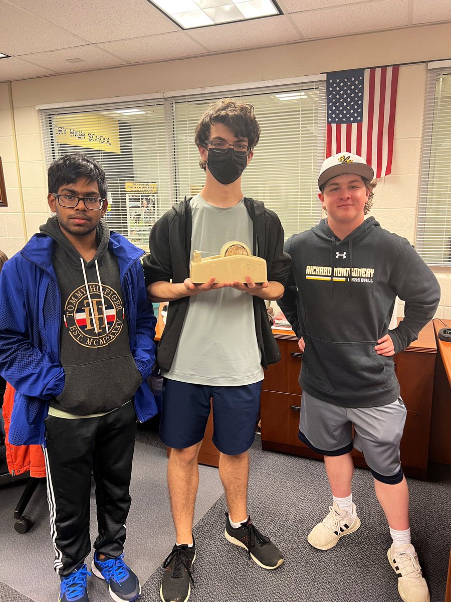 Students in Mr. Ackley’s 6th period advanced design application class were able to problem solve & create a solution to fix our tape dispenser. The dowel was lost at some point & the cost to replace the tape dispenser was over $120. Great job! @RMHS_principal