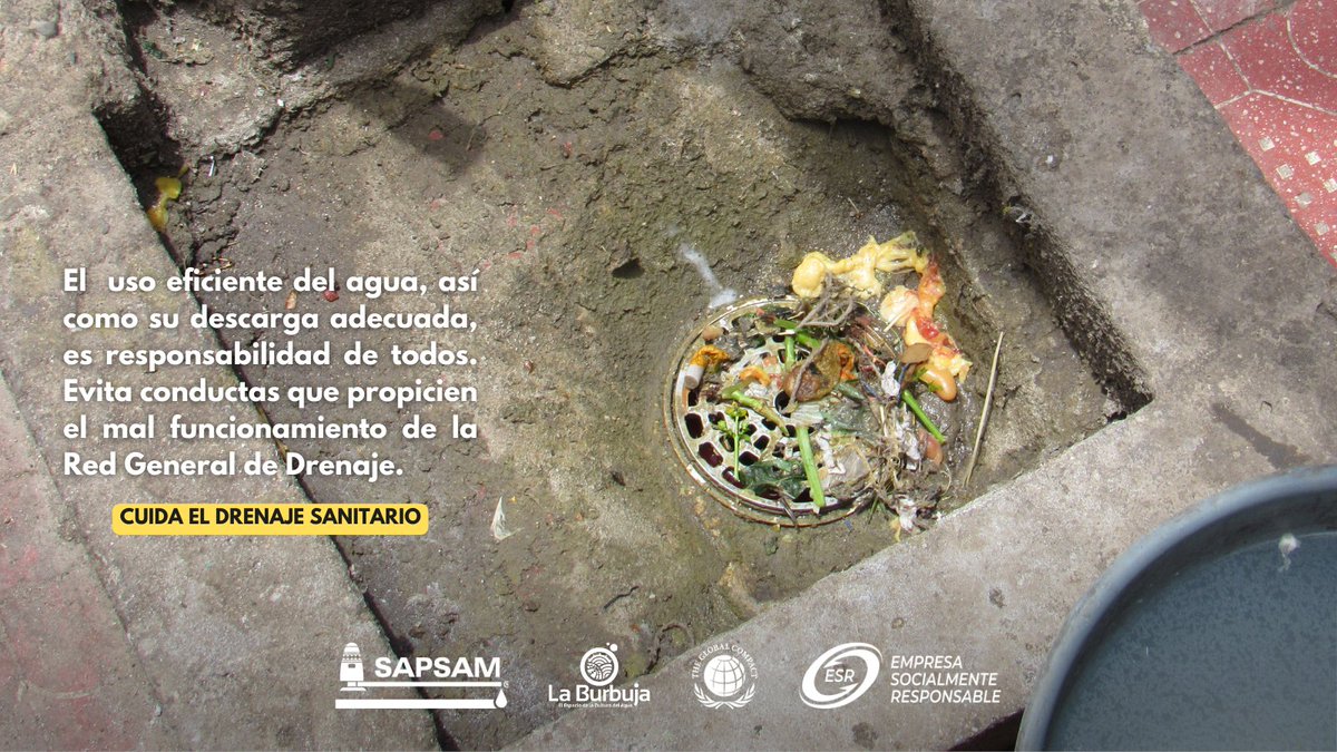 SapsamOficial's tweet photo. Siendo que el agua es responsabilidad de todos, no solo en el uso eficiente, sino también en la descarga adecuada, el Organismo Operador SAPSAM, hace un llamado a evitar conductas que propicien el mal funcionamiento de la Red General de Drenaje https://t.co/nc7mHyu7TP