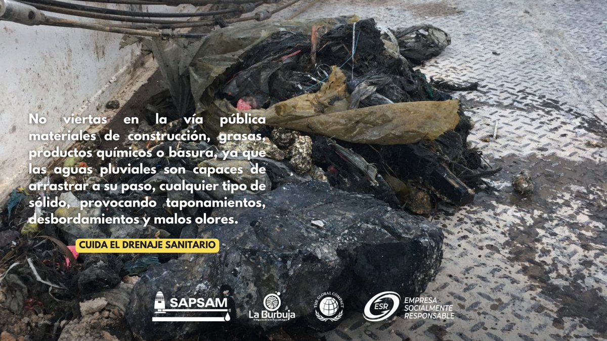 SapsamOficial's tweet photo. Siendo que el agua es responsabilidad de todos, no solo en el uso eficiente, sino también en la descarga adecuada, el Organismo Operador SAPSAM, hace un llamado a evitar conductas que propicien el mal funcionamiento de la Red General de Drenaje https://t.co/nc7mHyu7TP