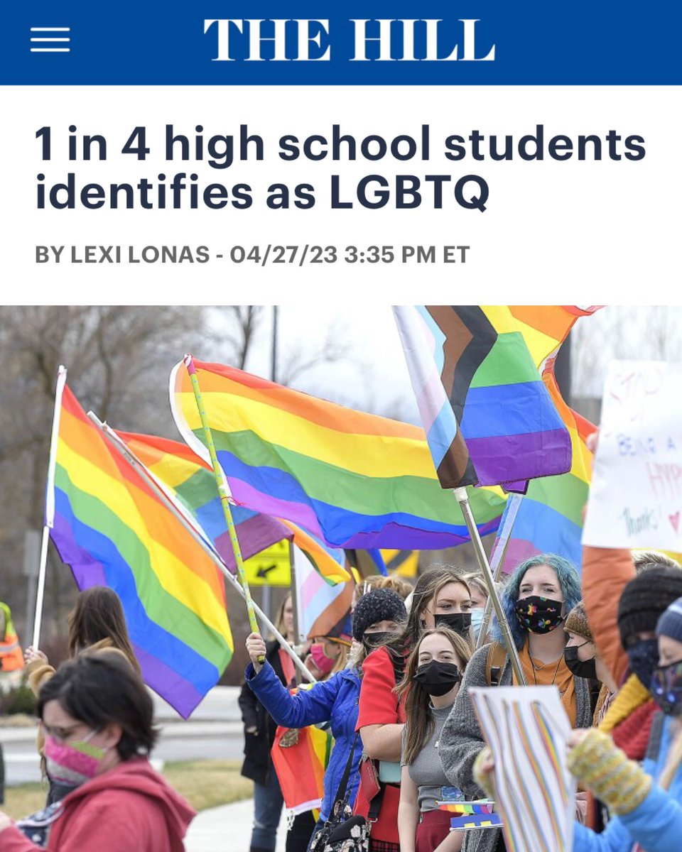 BREAKING: According to the CDC, one out of every four high school students now identifies as LGBTQ.

The number jumped from 11% in 2015 to 26% in 2021. This is not shocking. 

Gender ideologues have created nonsense terms - genderfluid, genderqueer, nonbinary, etc - to appeal to…